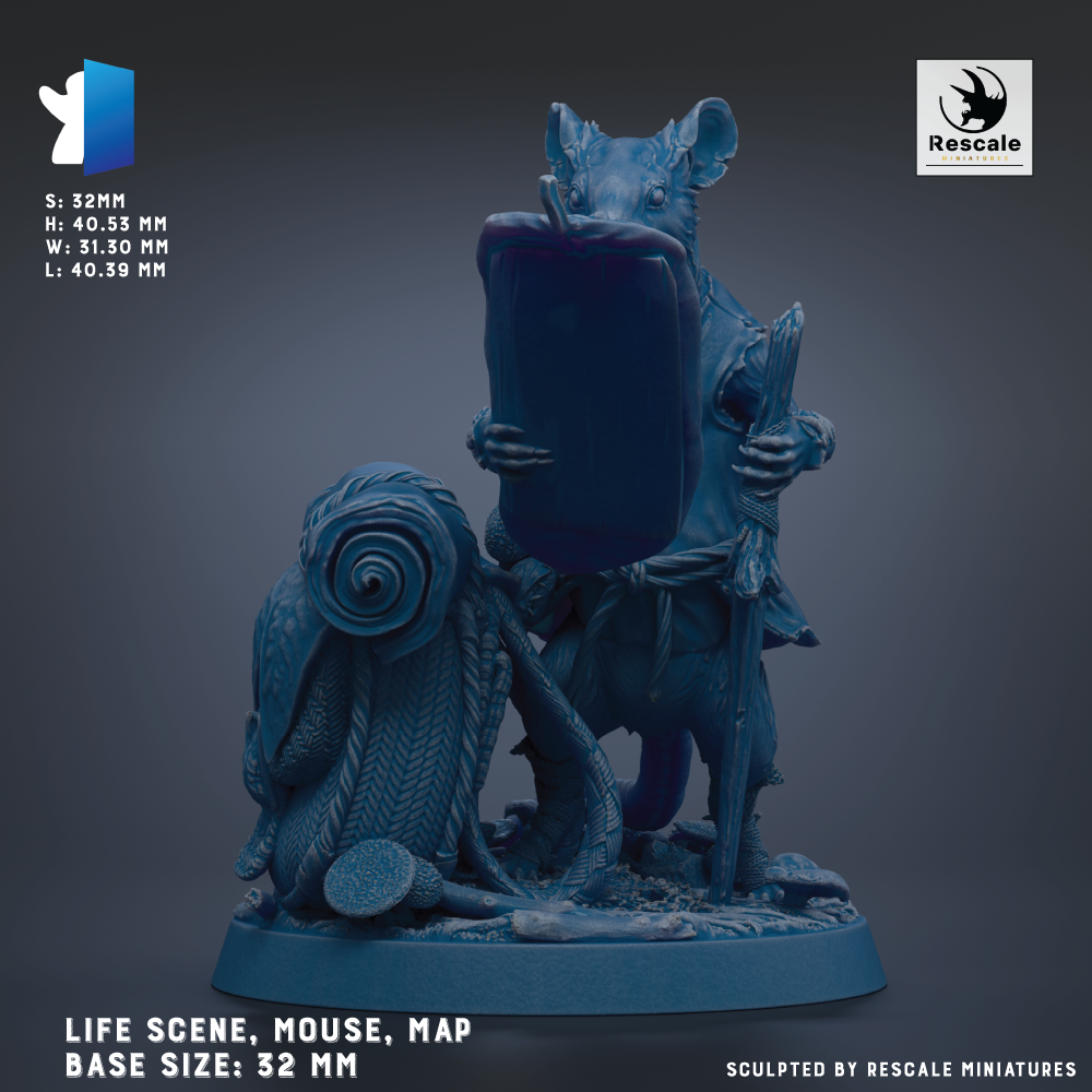 The image is a 3D rendering of a figurine depicting a mouse-like creature with a large head and a shield-like object in its mouth. The figurine is set against a dark background, and the base size is 32 millimeters. The figurine is described as a "LIFE SCENE, MOUSE, MAP" and is "BASE SIZES: 32 MM". The image is described as "Sculpted by RESCALE MINIATURES".