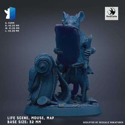 The image is a 3D rendering of a figurine depicting a mouse-like creature with a large head and a shield-like object in its mouth. The figurine is set against a dark background, and the base size is 32 millimeters. The figurine is described as a "LIFE SCENE, MOUSE, MAP" and is "BASE SIZES: 32 MM". The image is described as "Sculpted by RESCALE MINIATURES".