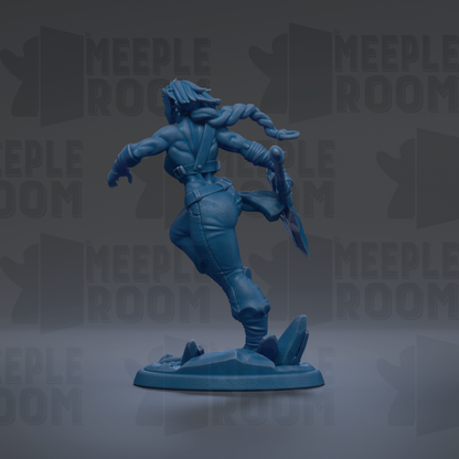 A blue figurine of a person in a dynamic pose, with a sword in hand, is shown against a dark background with repeated text.