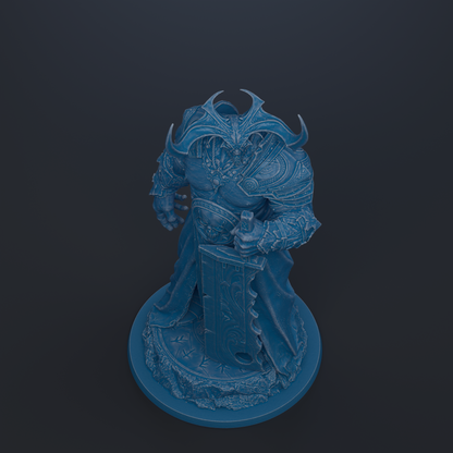 A detailed 3D rendering of a warrior figure, standing on a pedestal and holding a sword.