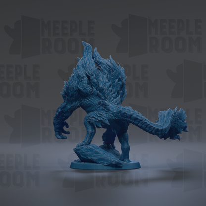 A blue, 3D-rendered figurine of a fantastical creature with a long tail and sharp teeth, standing on a base.