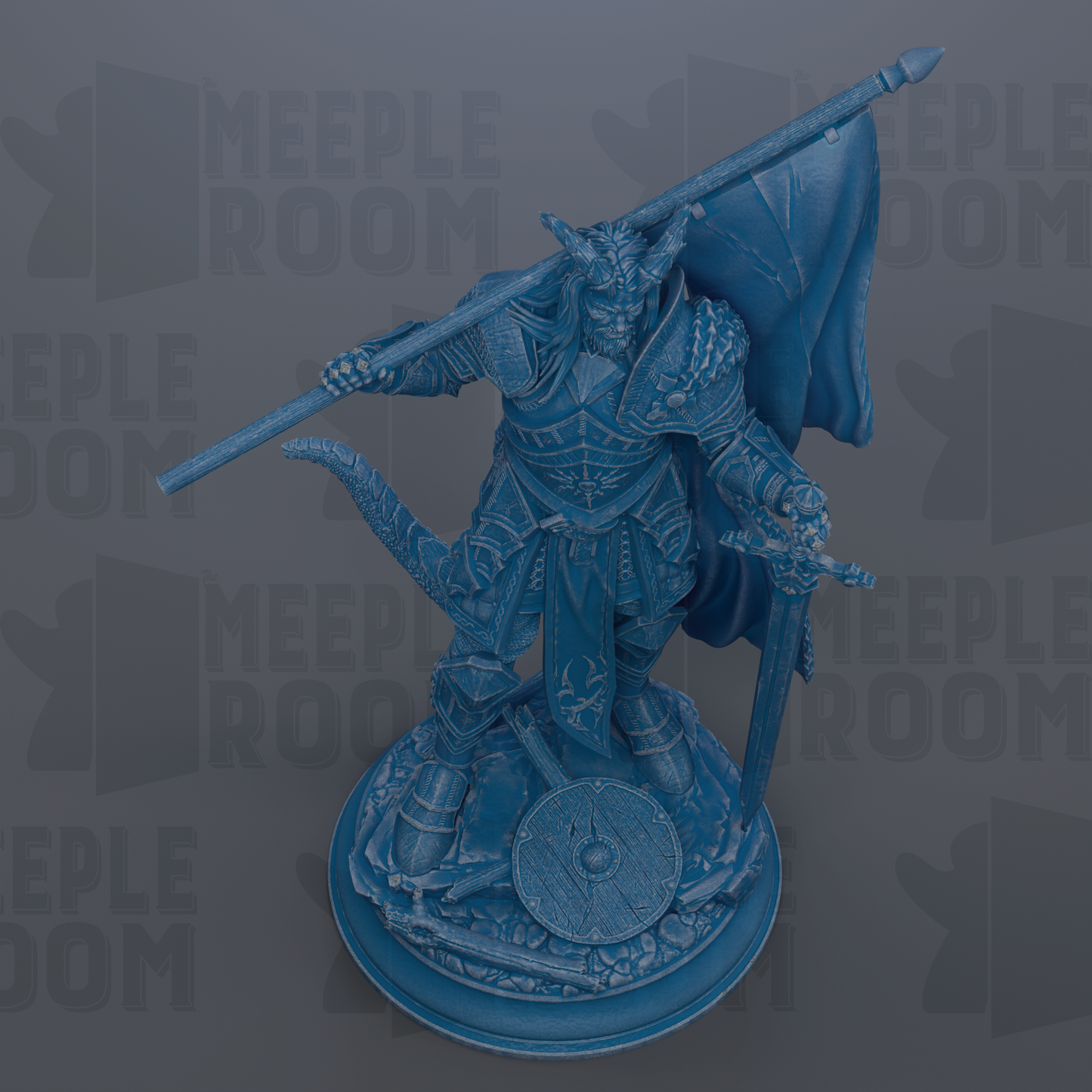 A detailed 3D model of a warrior figure, holding a shield and sword, standing on a pedestal.