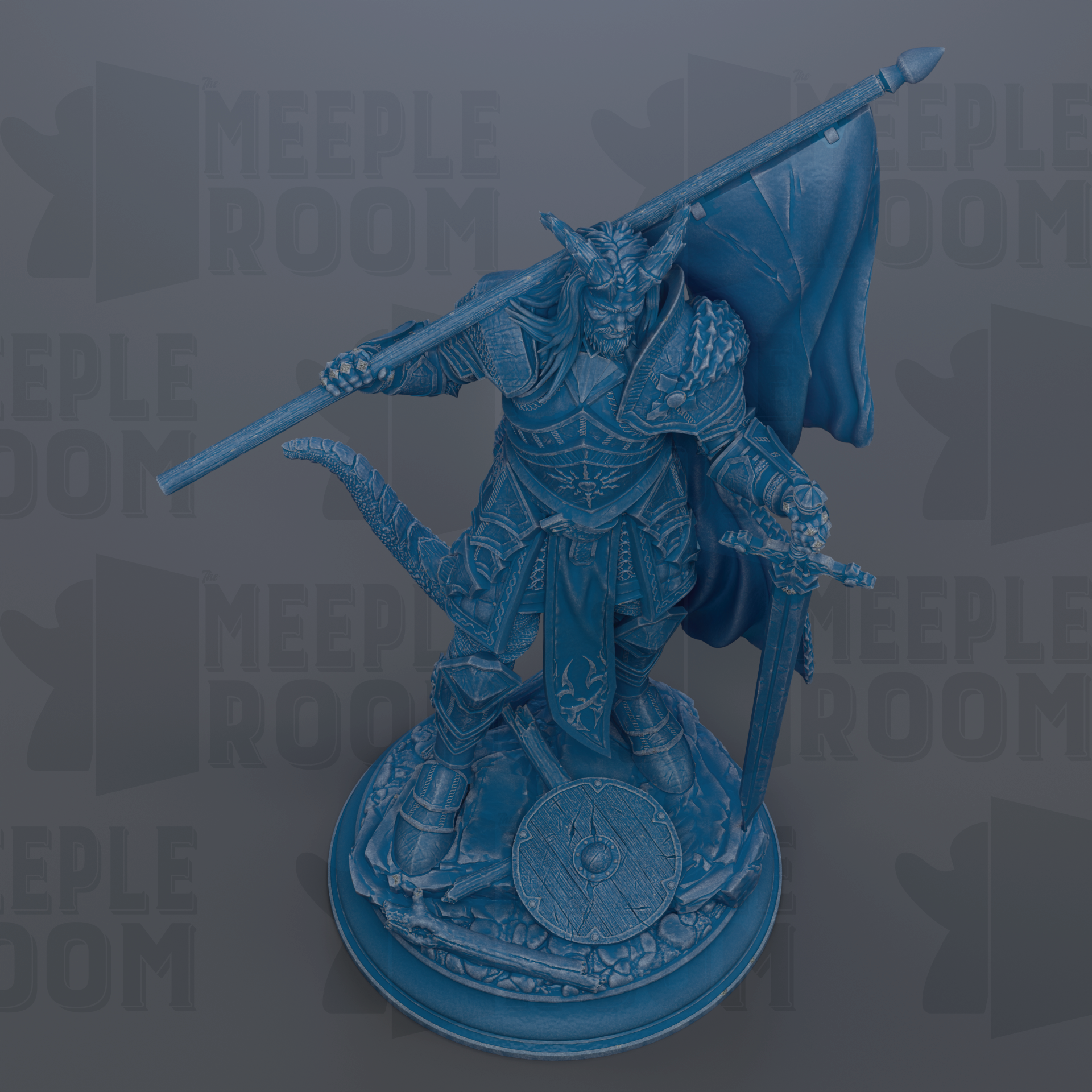A detailed 3D model of a warrior figure, holding a shield and sword, standing on a pedestal.