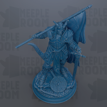 A detailed 3D model of a warrior figure, holding a shield and sword, standing on a pedestal.