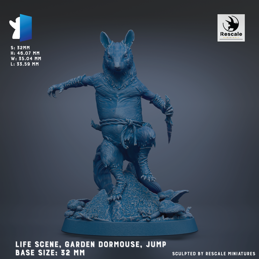 The image is a 3D model of a blue, fantastical creature resembling a dragon or a similar mythical being, standing on a base and holding a weapon. The creature is depicted in a dynamic pose, with its arms outstretched and legs bent, giving it a sense of movement and power. The base size of the model is 32 millimeters, and the image is described as a "LIFE SCENE, GARDEN DORMOUSSE, JUMP" and "BASE SIZES: 32 MM".