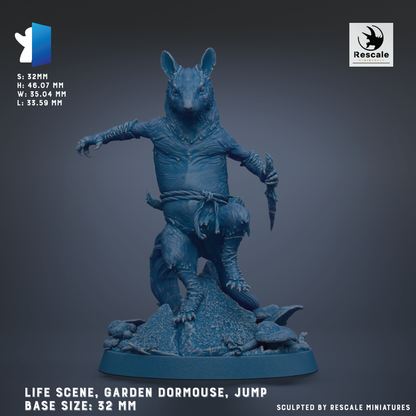 The image is a 3D model of a blue, fantastical creature resembling a dragon or a similar mythical being, standing on a base and holding a weapon. The creature is depicted in a dynamic pose, with its arms outstretched and legs bent, giving it a sense of movement and power. The base size of the model is 32 millimeters, and the image is described as a "LIFE SCENE, GARDEN DORMOUSSE, JUMP" and "BASE SIZES: 32 MM".