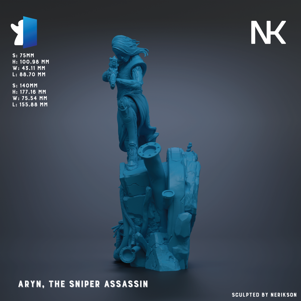 The image is a 3D rendering of a character named "Aryn, the Sniper Assassin".