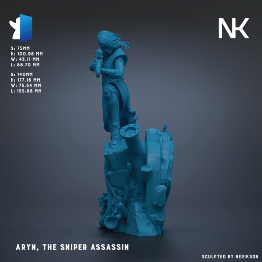 The image is a 3D rendering of a character named "Aryn, the Sniper Assassin".