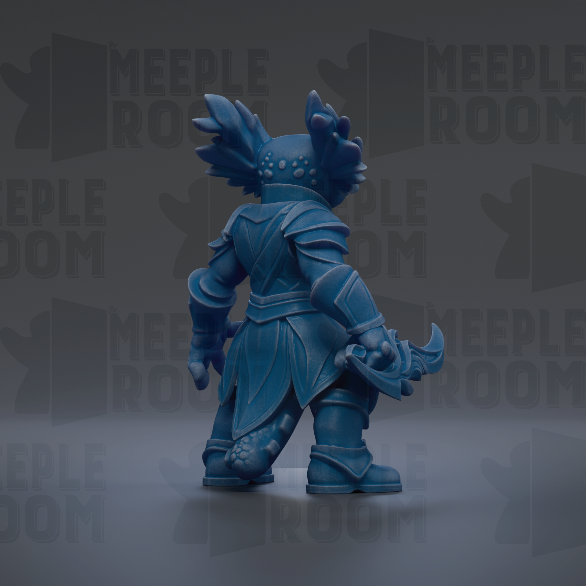 A blue, armored figurine with a large head and a sword, standing against a dark background with repeated text.