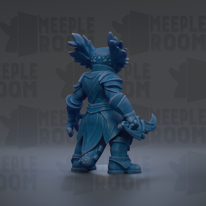 A blue, armored figurine with a large head and a sword, standing against a dark background with repeated text.