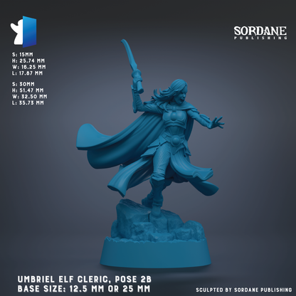 The image is a figurine of an elf-like character, specifically a female elf, posed in a dynamic pose with a sword in her hand. The figurine is set against a dark background, and the image size is either 12.5 mm or 25 mm. The figurine is described as being sculpted by Sordane Publishing.