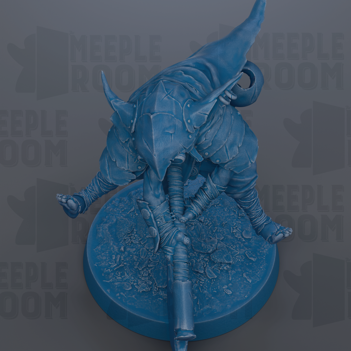 A blue, 3D-rendered figurine of a creature with a pointed head and sharp teeth, standing on a blue base.