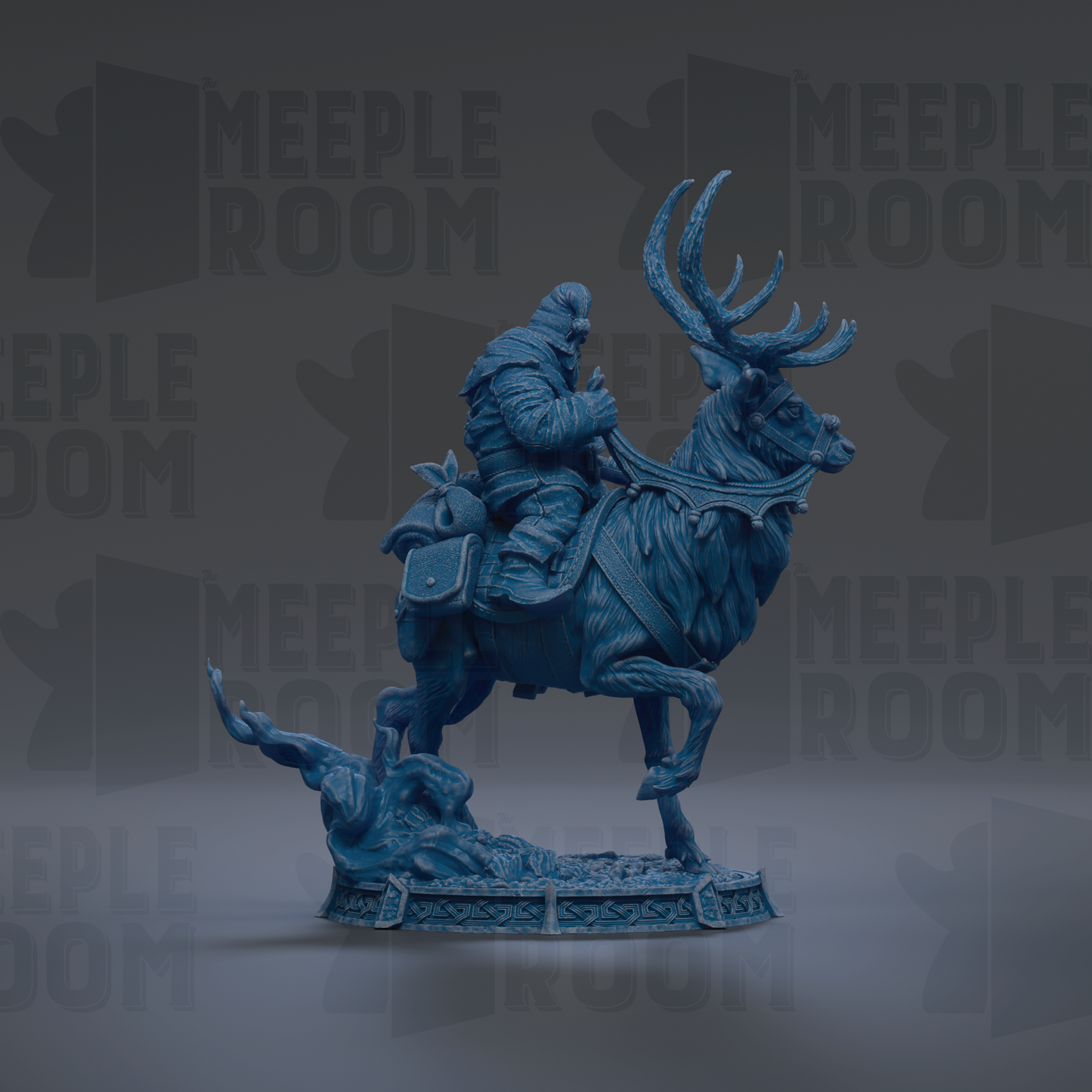A blue statue of a man riding a reindeer, with the text "MEUPLE ROOM" repeated in the background.