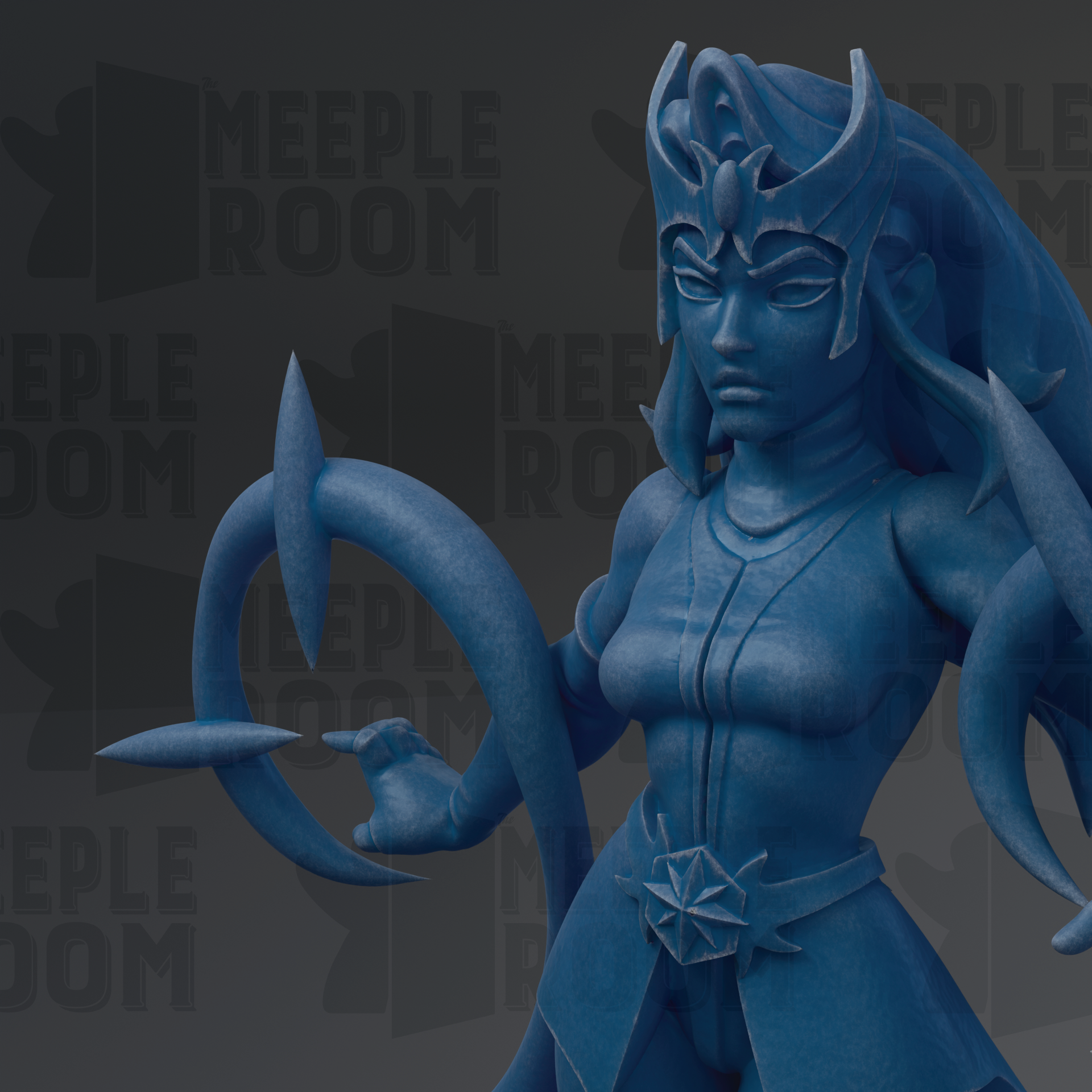 A blue, fantastical female character with a large headdress and intricate design, holding a weapon and standing in a dark, moody setting.