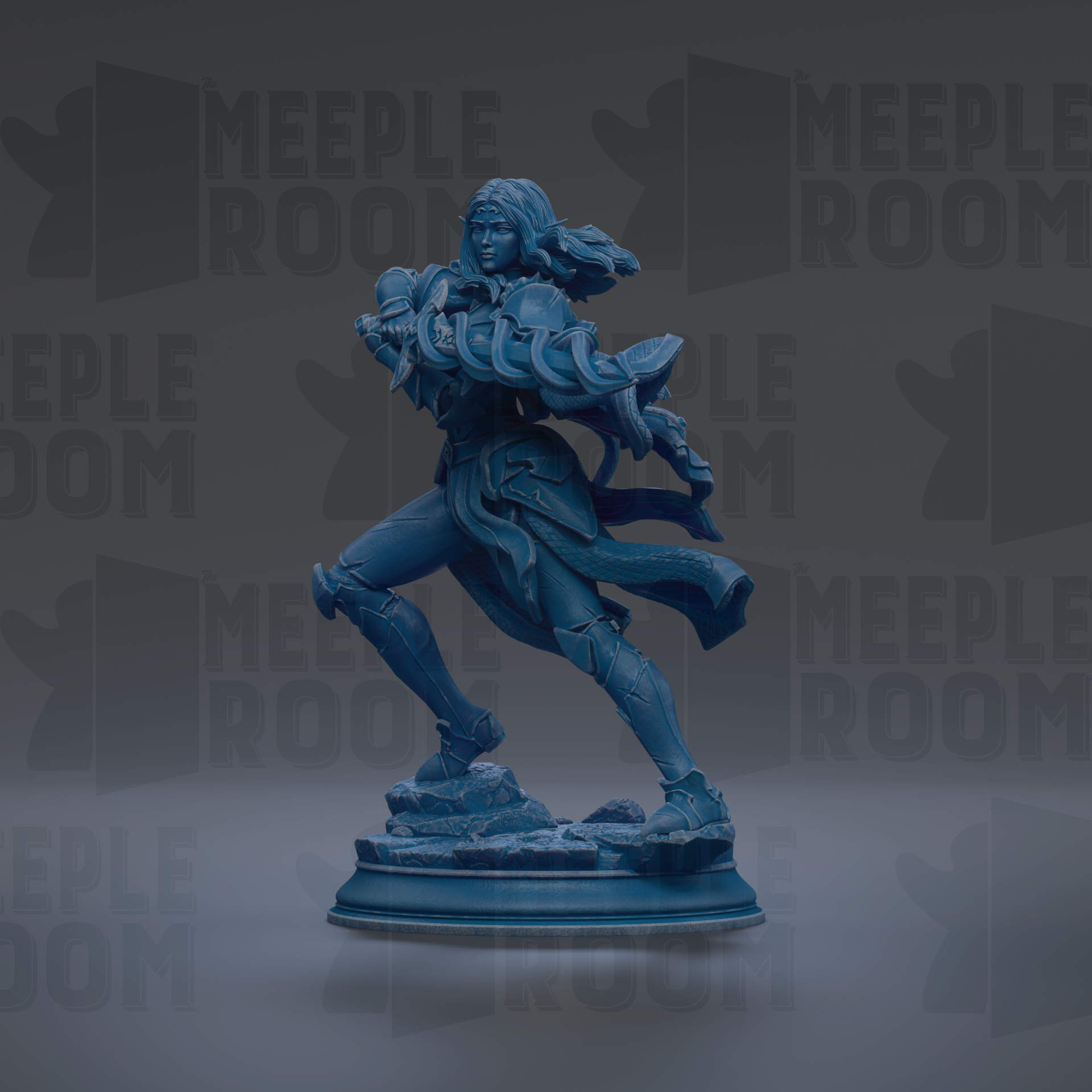 A blue, 3D-rendered statue of a female character with flowing hair and a flowing cape, standing on a pedestal against a dark background with repeated text.
