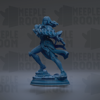 A blue, 3D-rendered statue of a female character with flowing hair and a flowing cape, standing on a pedestal against a dark background with repeated text.