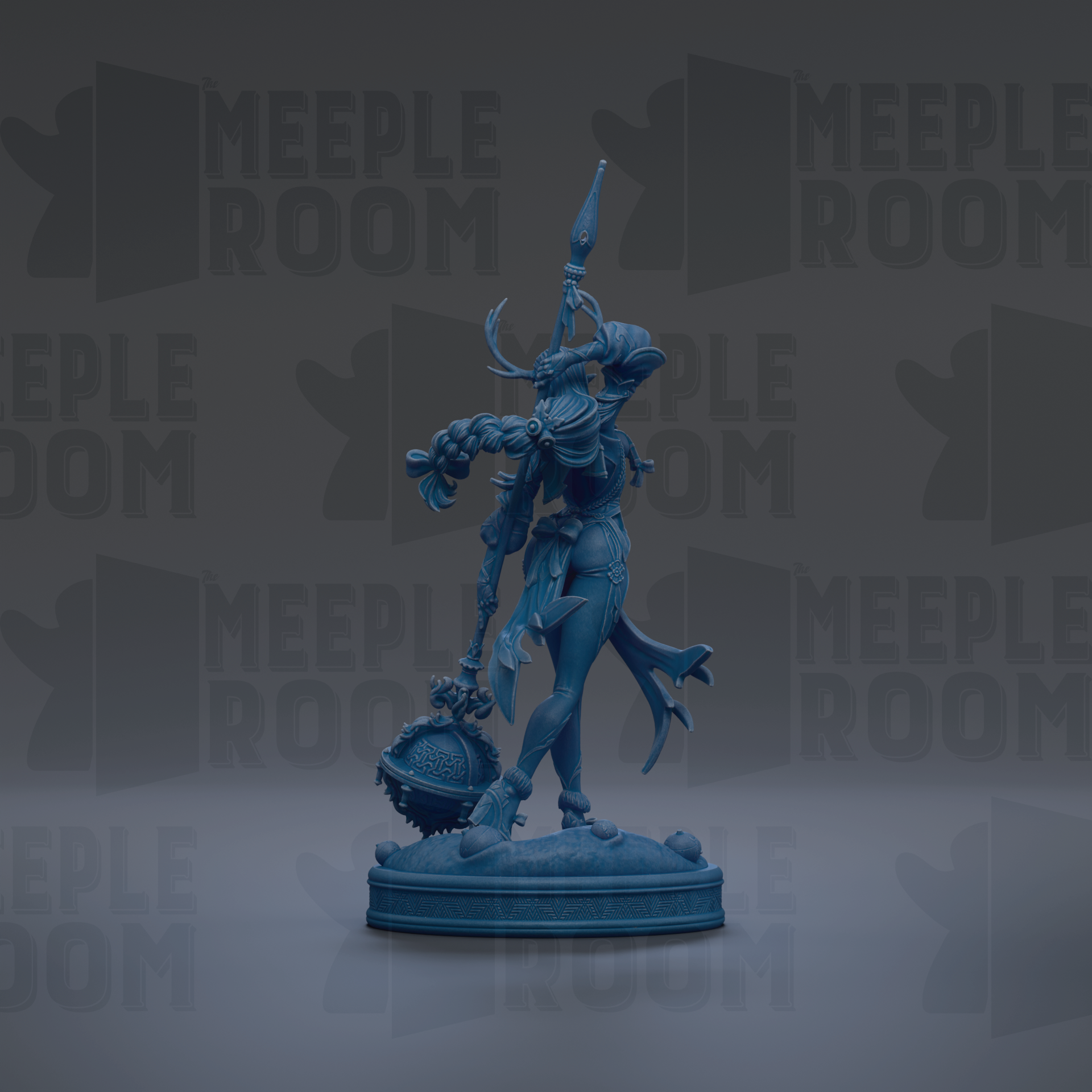 A blue statue of a female warrior figure holding a spear and shield, standing on a pedestal against a dark background with repeated text.