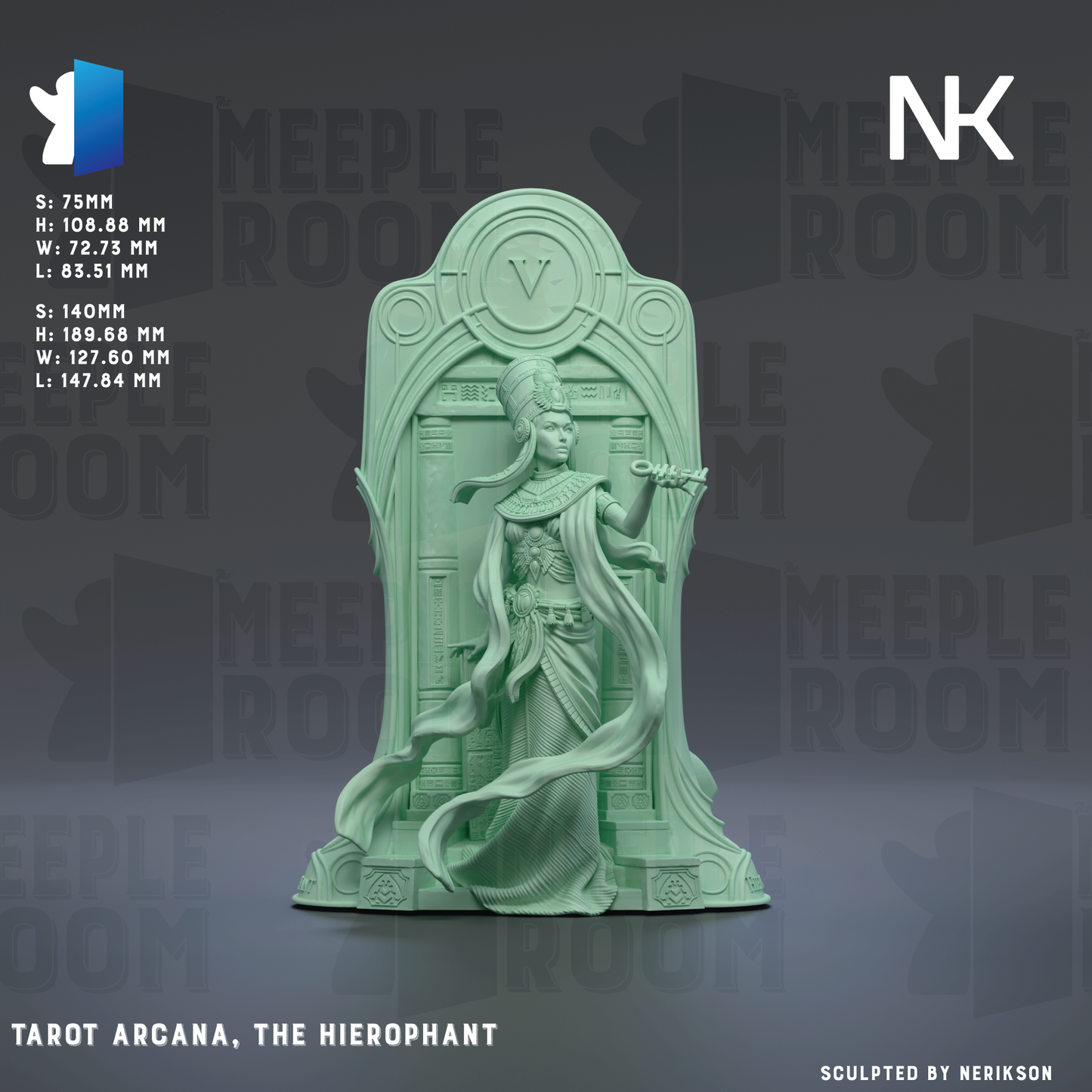 The image is a 3D rendering of a statue of Tarot Arcana, the Hierophant, located in the Meeple Room. The statue is made of a green material and depicts a woman with a flowing robe and a crown. The background of the image is a dark gray color, and the text "Tarot Arcana, The Hierophant" is visible, along with the text "S: 75mm H: 105.68 mm L: 85.51 mm W: 85.60 mm H: 87.50 mm W: 87.65 mm L: 87.84 mm" indicating the dimensions and materials used in the statue.