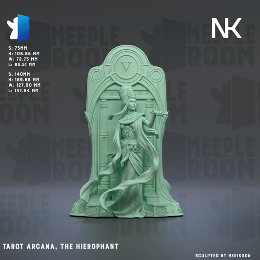 The image is a 3D rendering of a statue of Tarot Arcana, the Hierophant, located in the Meeple Room. The statue is made of a green material and depicts a woman with a flowing robe and a crown. The background of the image is a dark gray color, and the text "Tarot Arcana, The Hierophant" is visible, along with the text "S: 75mm H: 105.68 mm L: 85.51 mm W: 85.60 mm H: 87.50 mm W: 87.65 mm L: 87.84 mm" indicating the dimensions and materials used in the statue.