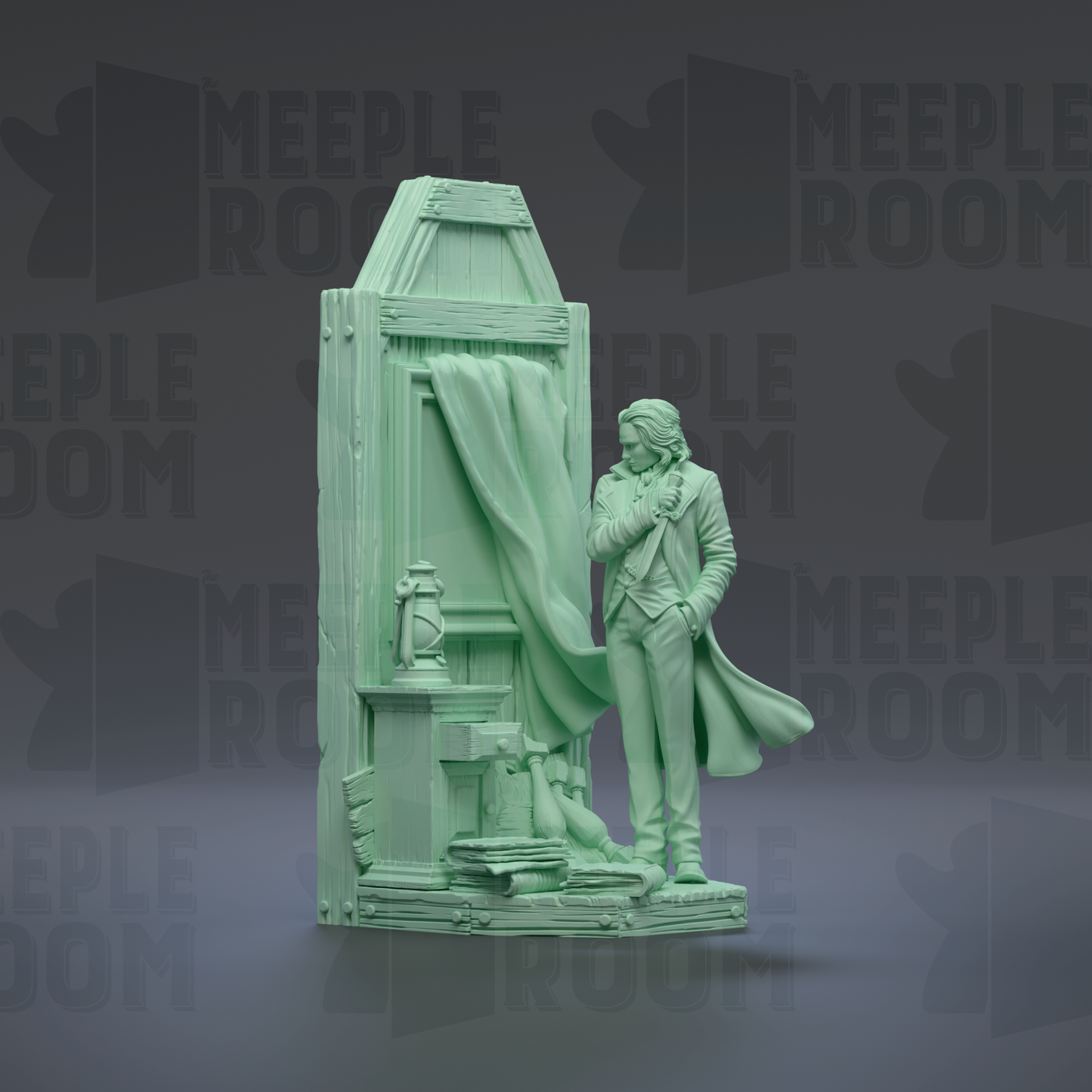 A green statue of a man standing in front of a door with a curtain, against a dark background with repeated text.