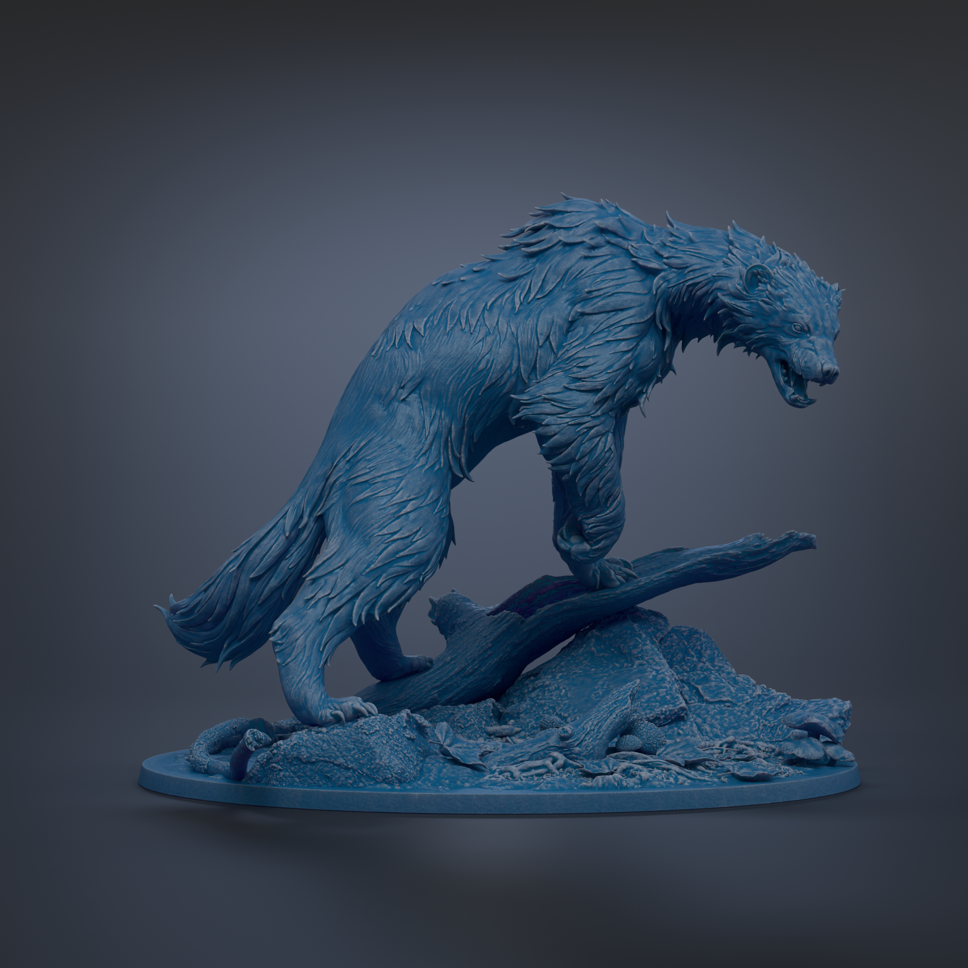 A detailed 3D model of a fierce-looking bear statue, with its mouth open and claws extended, standing on a rock formation.