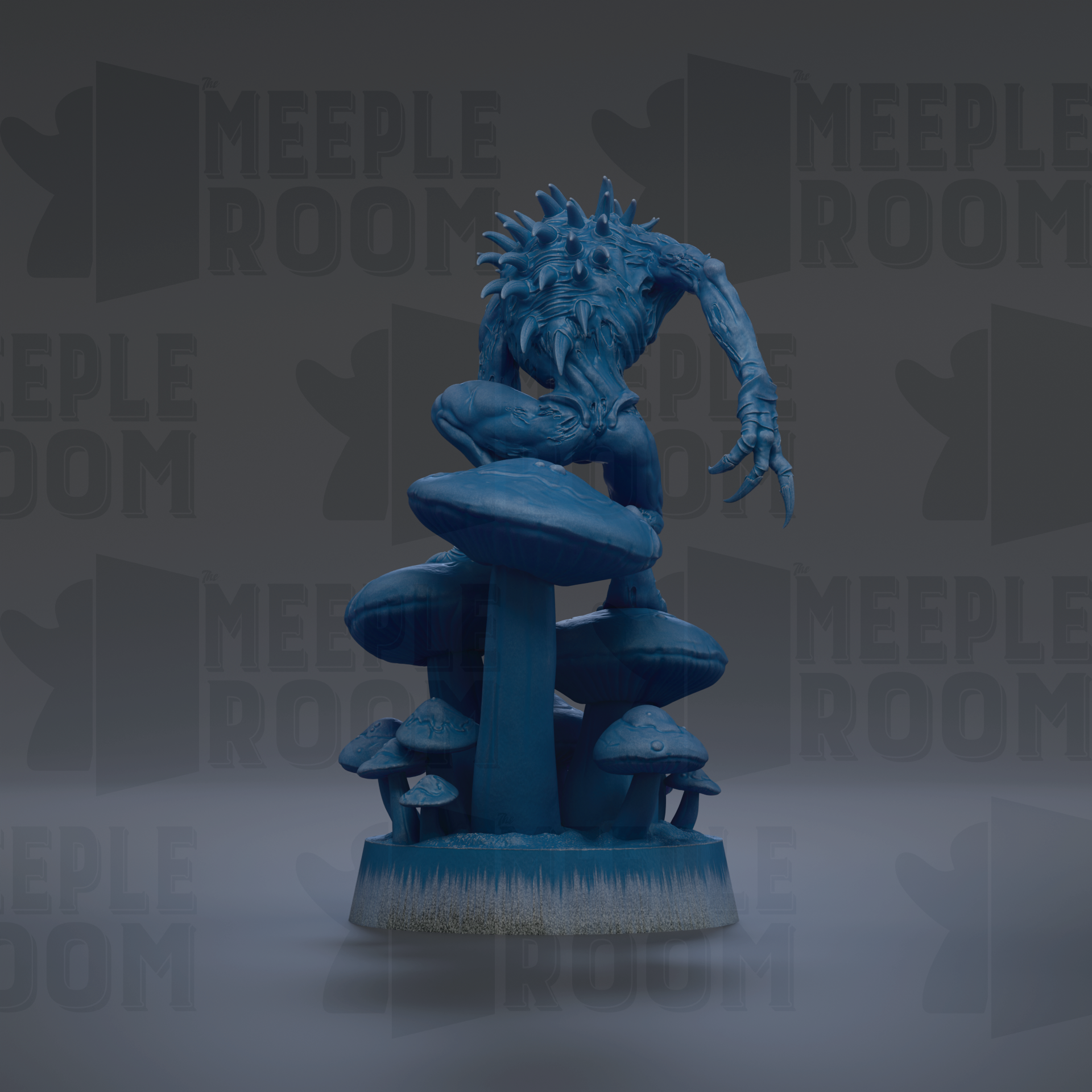 A blue, spiky, and textured statue of a creature sitting atop a mushroom-like structure.