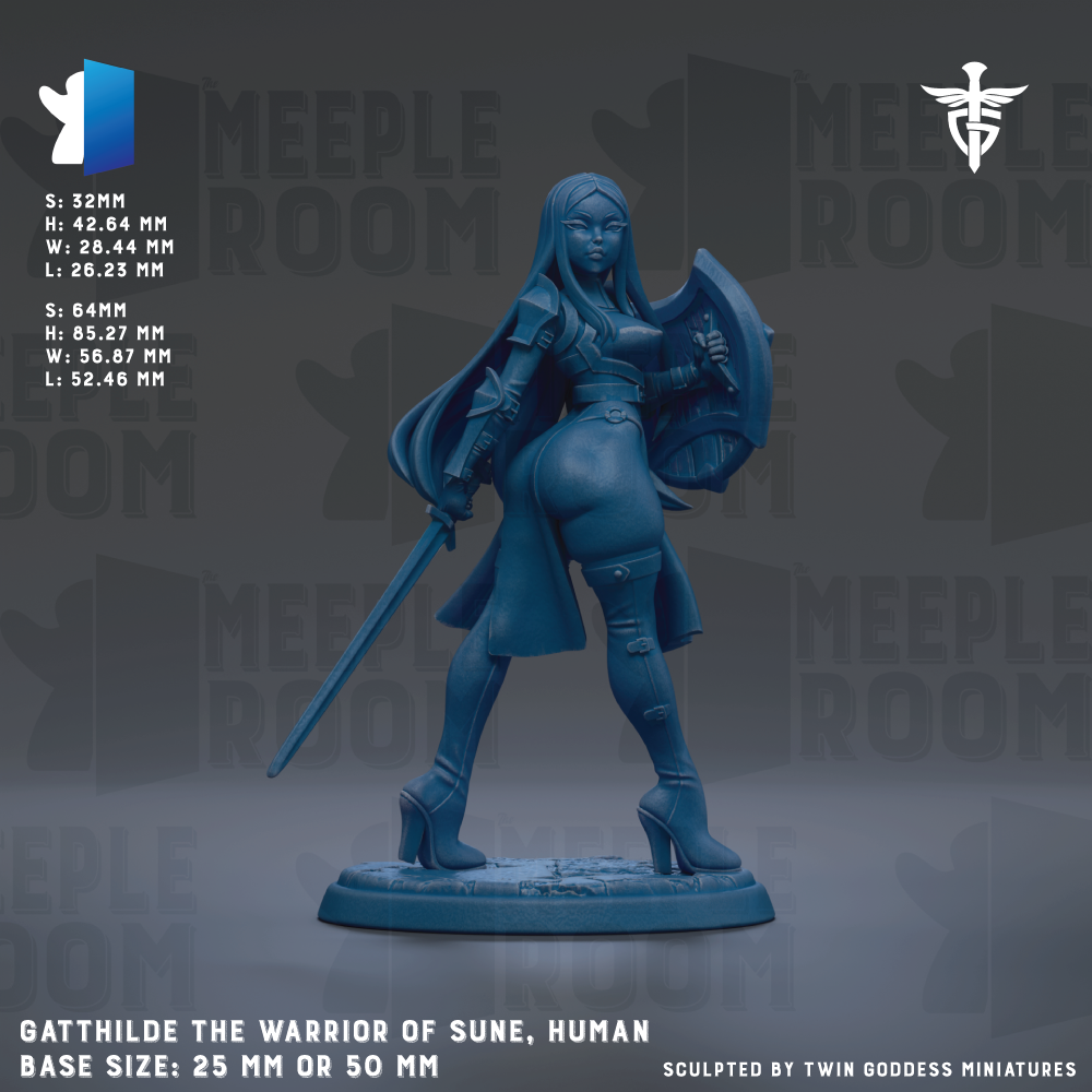 a female warrior figure, specifically Gathilde the Warrior of Sun, in a blue color. She is holding a shield and sword, and her attire includes a long skirt and high heels. The base size of the figurine is either 25mm or 50mm. The image is a sculpted piece by Twin Goddess Miniatures.