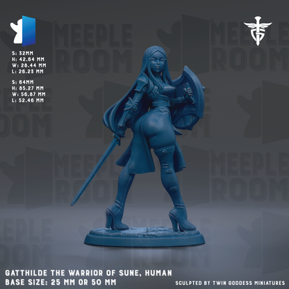 a female warrior figure, specifically Gathilde the Warrior of Sun, in a blue color. She is holding a shield and sword, and her attire includes a long skirt and high heels. The base size of the figurine is either 25mm or 50mm. The image is a sculpted piece by Twin Goddess Miniatures.