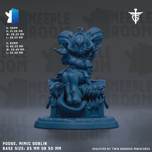 The image is a detailed sculpture of a female character, likely a mimic gothic figure, with a blue color scheme. The sculpture is described as a base size of 25 mm or 50 mm, and it is sculpted by Twin Goddess Miniatures. The image is a collage of various images, and it is not a single image but a collection of images that together create a single scene.