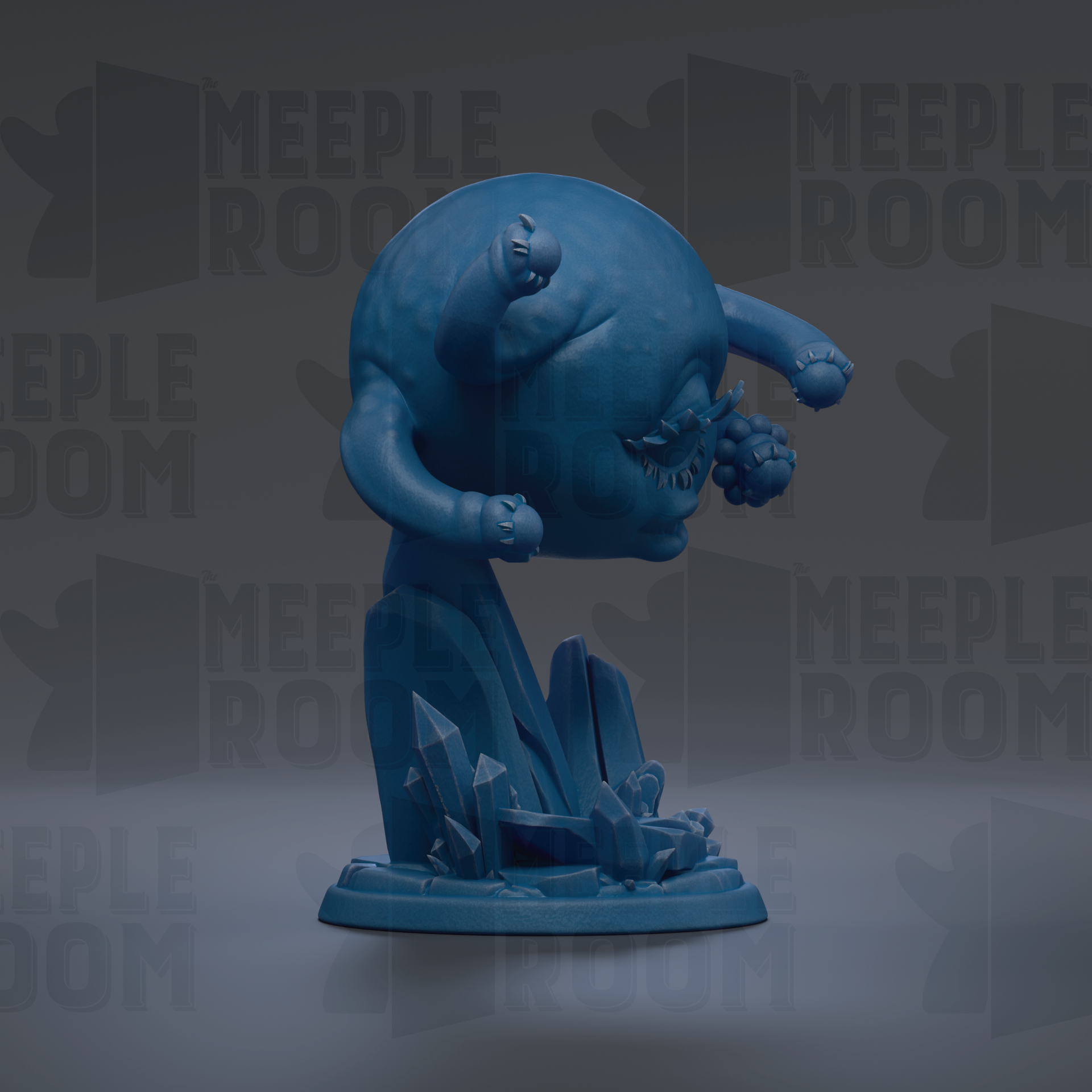 A blue, abstract figurine with a round head and two arms, standing on a base with crystals.