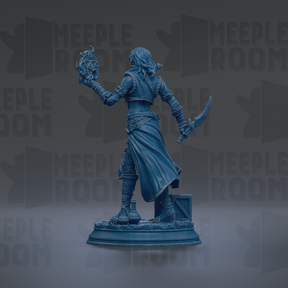 A blue statue of a person holding a shield and sword, standing on a pedestal.