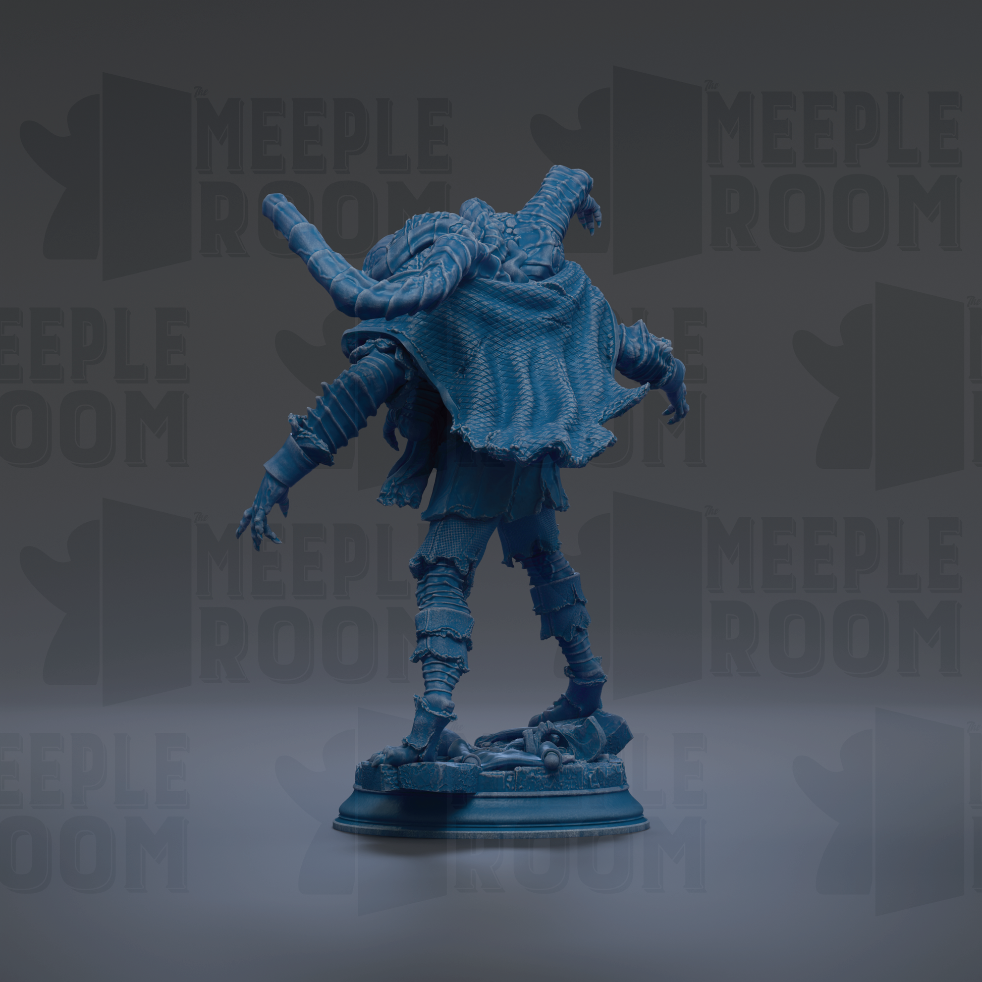 A blue, 3D-rendered statue of a fantastical creature with a large head and extended arms, standing on a pedestal against a dark background with repeated text.