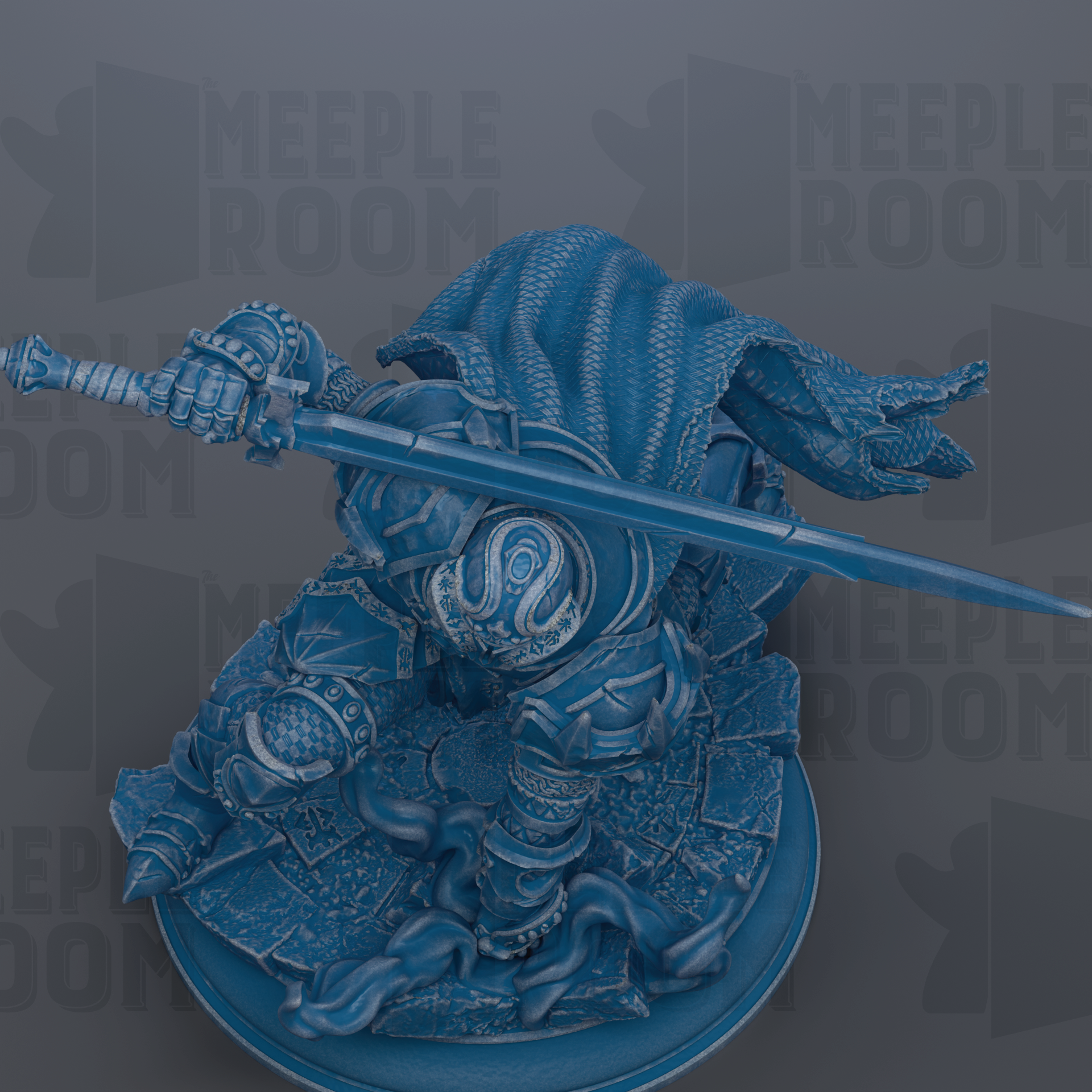 A detailed 3D rendering of a blue armored figure wielding a sword, set against a dark background with repeated text.