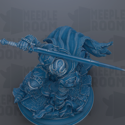 A detailed 3D rendering of a blue armored figure wielding a sword, set against a dark background with repeated text.