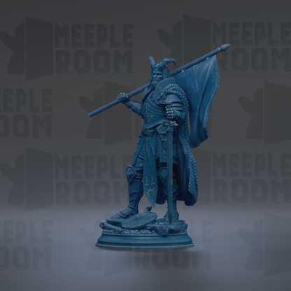 A blue statue of a warrior standing on a pedestal, holding a flag and wearing a helmet and armor.