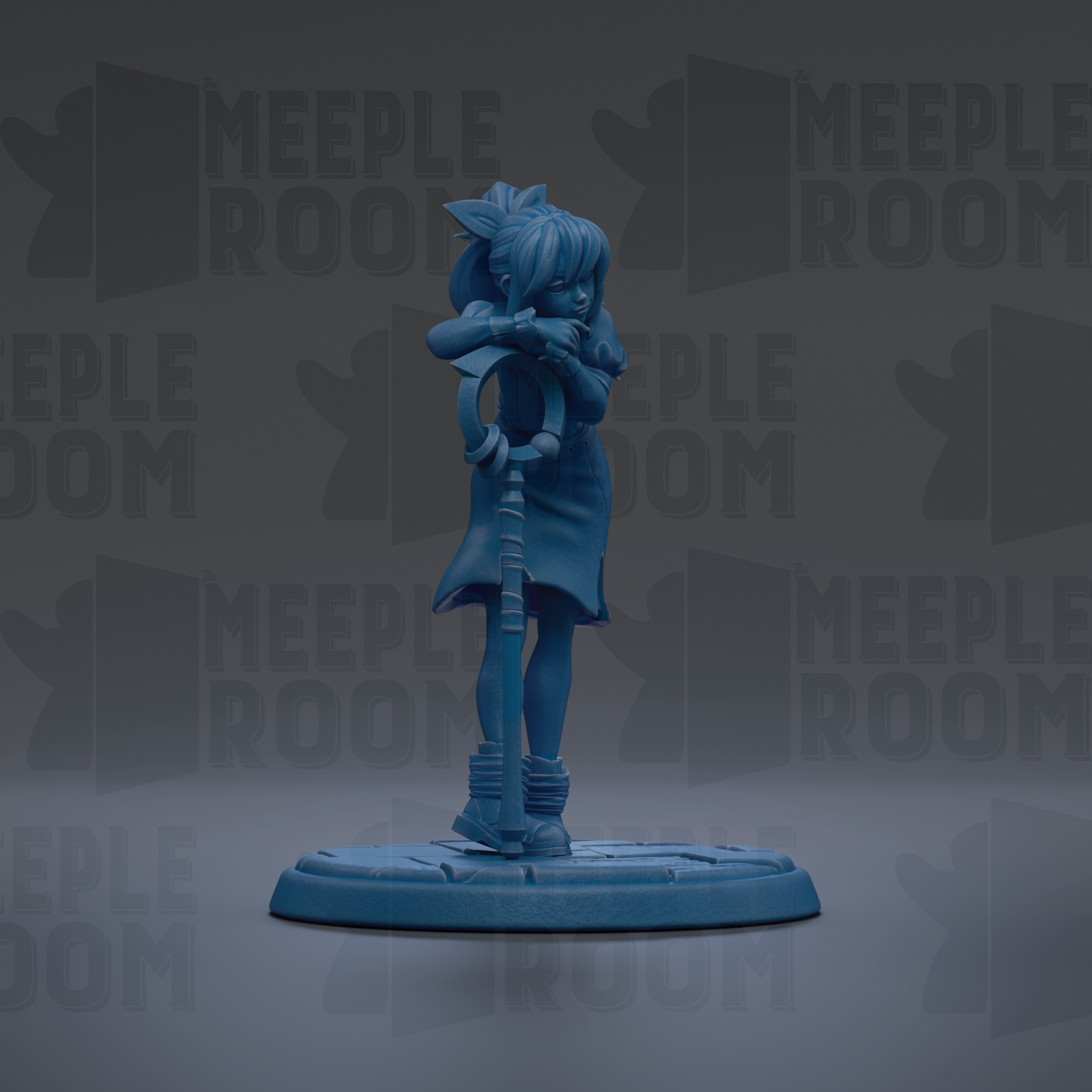 A blue figurine of a person standing on a platform against a dark background with repeated text.