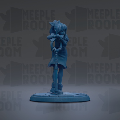 A blue figurine of a person standing on a platform against a dark background with repeated text.