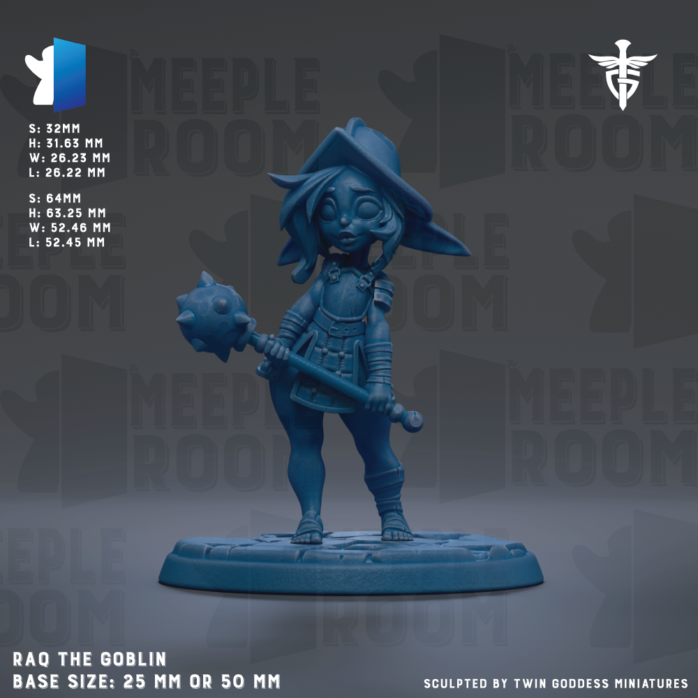 a figurine of a character named Raq the Goblin, which is a small figurine of a character from the video game Meeple Room. The figurine is made of a blue material and is standing on a base. The base size of the figurine is either 25mm or 50mm. The image is a collage of multiple images, and it is not a description of each individual image. The phrase "The image depicts Raq the Goblin" is not included in the description.