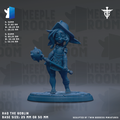 a figurine of a character named Raq the Goblin, which is a small figurine of a character from the video game Meeple Room. The figurine is made of a blue material and is standing on a base. The base size of the figurine is either 25mm or 50mm. The image is a collage of multiple images, and it is not a description of each individual image. The phrase "The image depicts Raq the Goblin" is not included in the description.