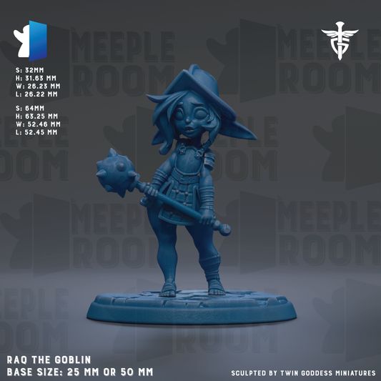 a figurine of a character named Raq the Goblin, which is a small figurine of a character from the video game Meeple Room. The figurine is made of a blue material and is standing on a base. The base size of the figurine is either 25mm or 50mm. The image is a collage of multiple images, and it is not a description of each individual image. The phrase "The image depicts Raq the Goblin" is not included in the description.