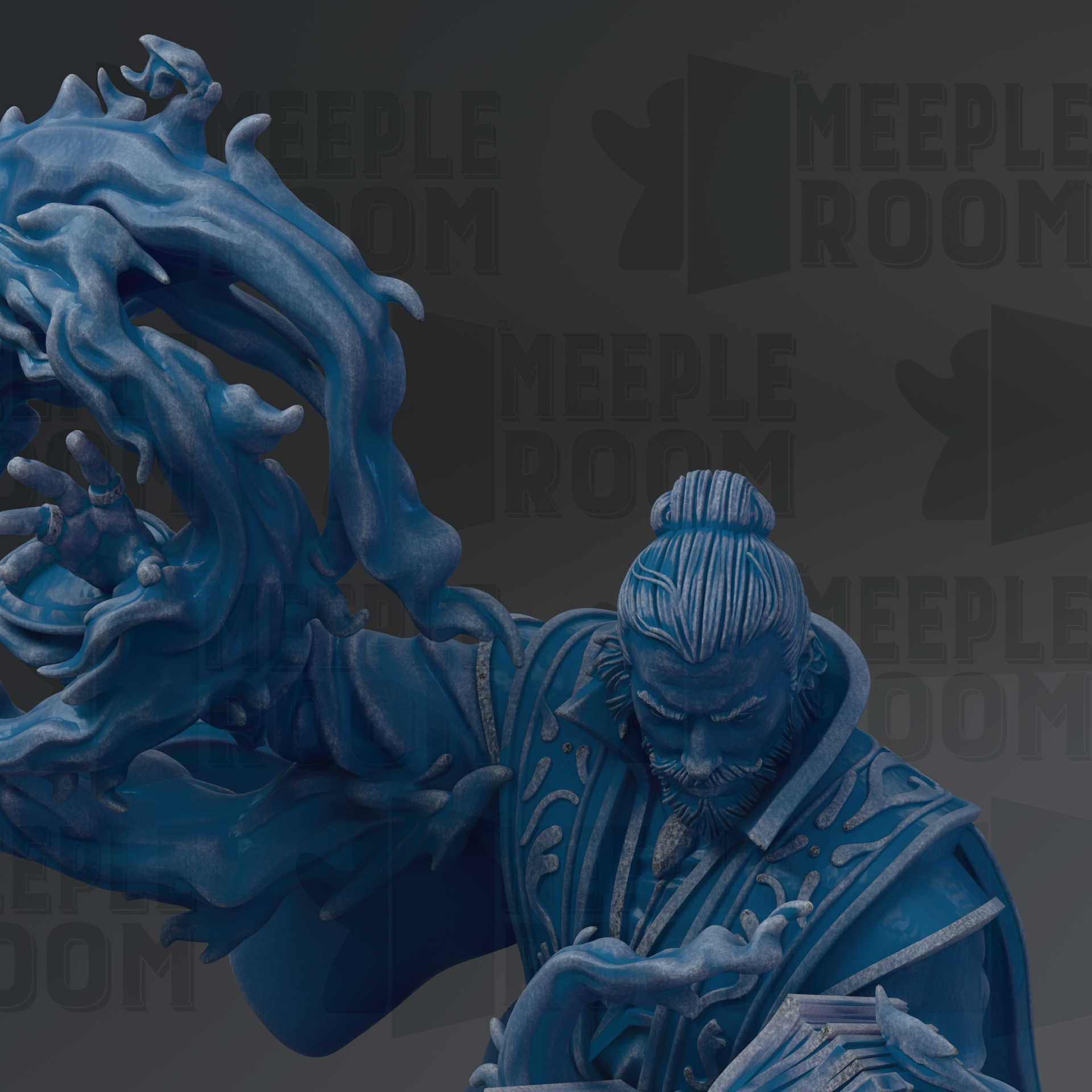 A blue, fantastical statue of a man with a long beard and a flowing robe, holding a large, ethereal object in his hands.