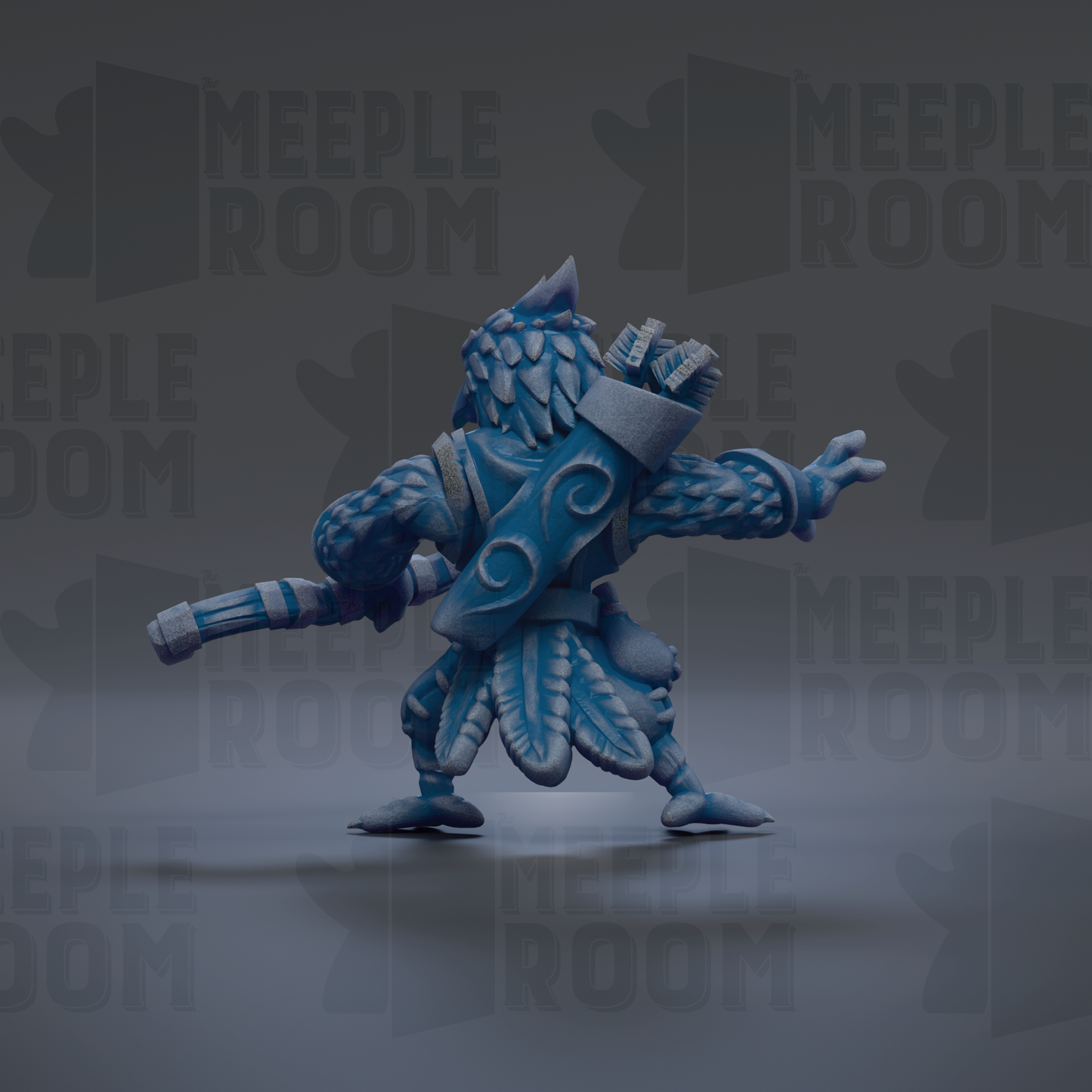 A 3D model of a blue, winged creature with a pointed head and a long, curved weapon in its hand, standing on a gray surface.