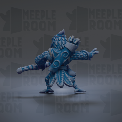 A 3D model of a blue, winged creature with a pointed head and a long, curved weapon in its hand, standing on a gray surface.