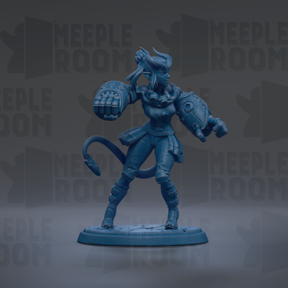 A blue figurine of a female character with horns and a flowing skirt, holding a weapon, standing on a base against a dark background with repeated text.