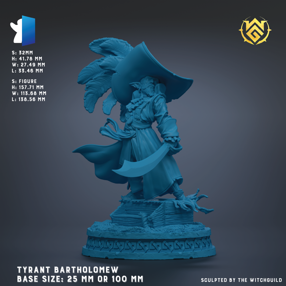 The image is a statue of a pirate, specifically Tyrant Bartholomew, with a large hat and a sword. The statue is depicted in a blue color, and it is shown in various base sizes, ranging from 25 mm to 100 mm. The statue is sculpted by The Witchguild.