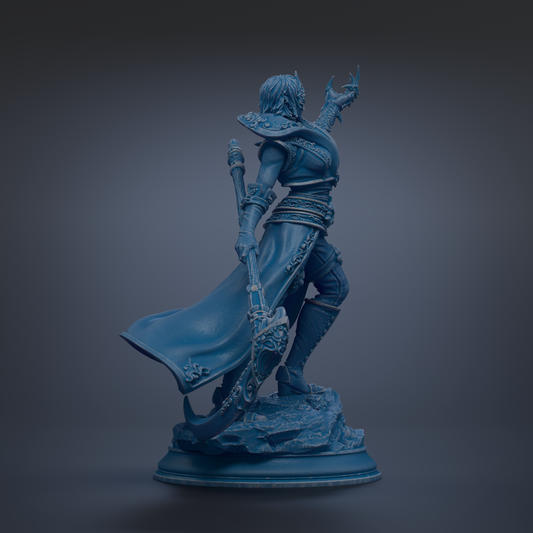 A blue statue of a warrior figure holding a sword and shield, standing on a rock formation.