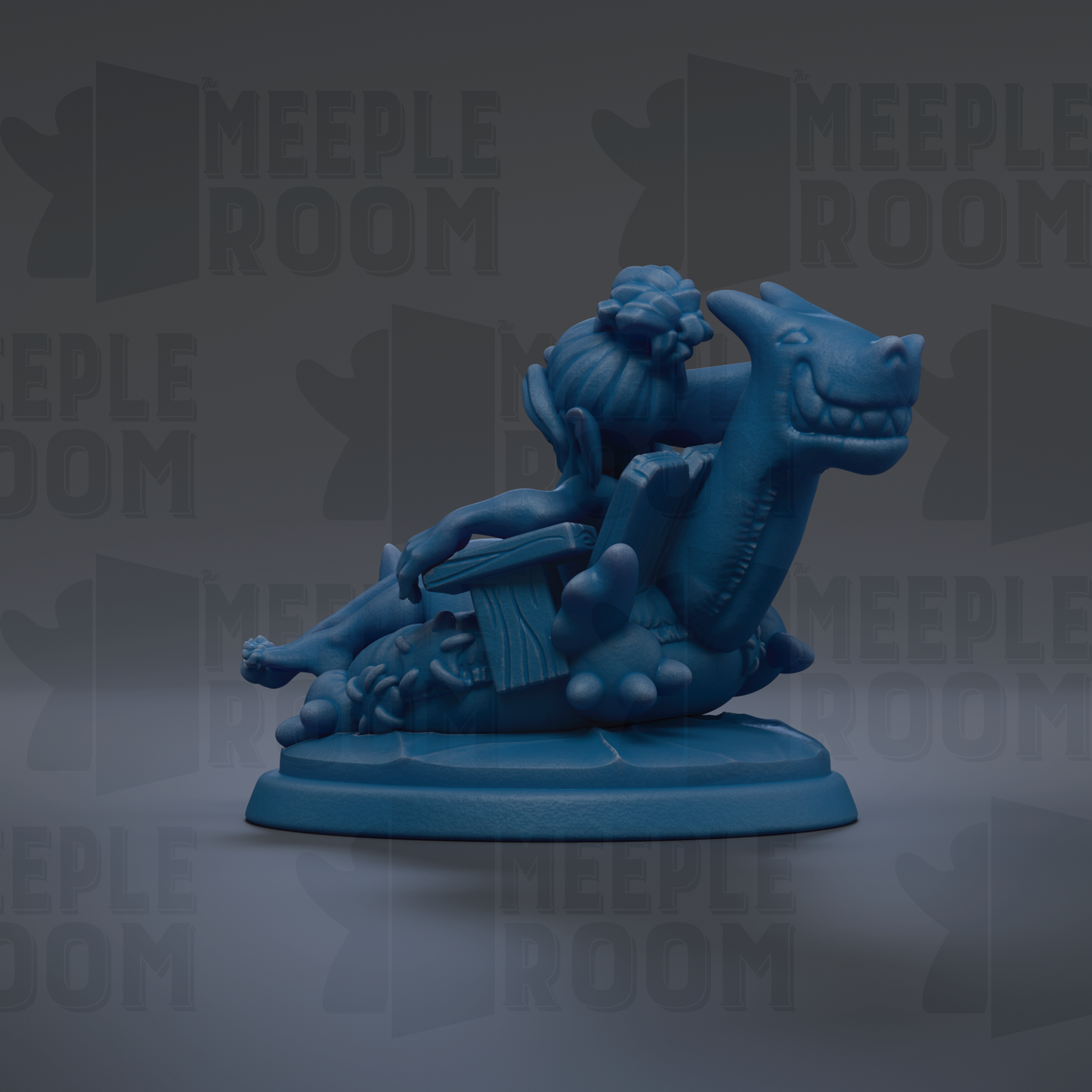 A blue figurine of a dragon-like creature sitting on a pedestal against a dark background with repeated text.