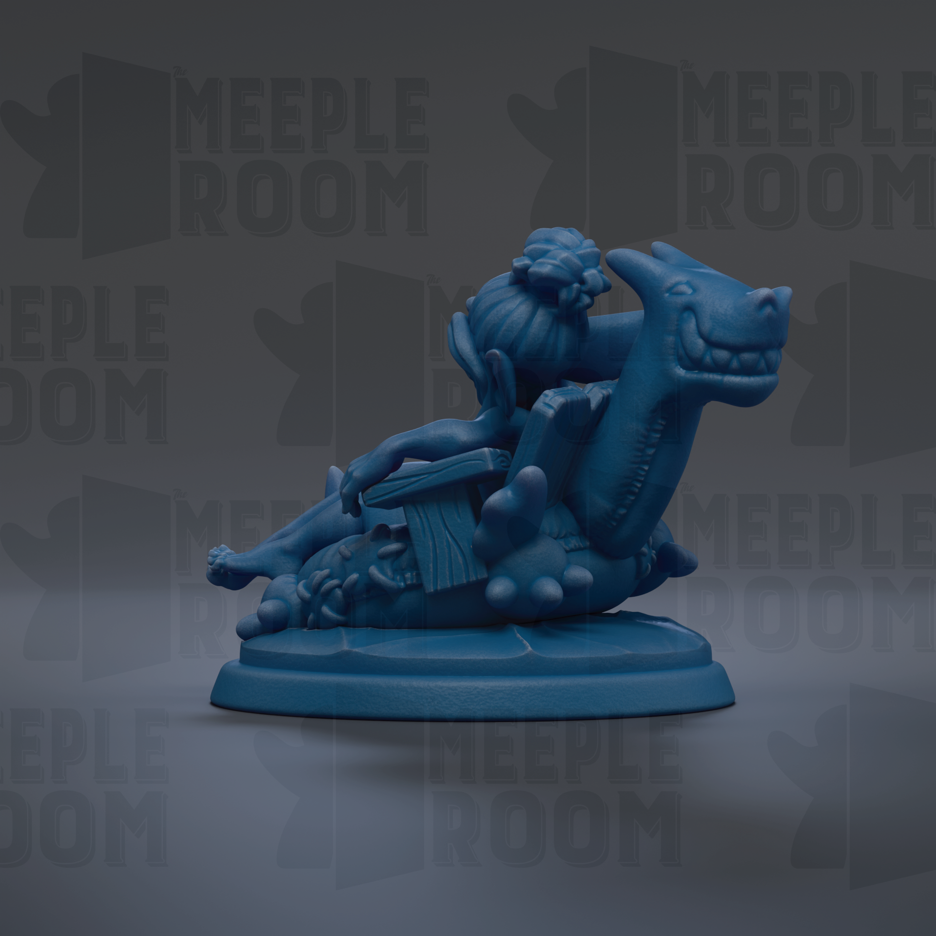 A blue figurine of a dragon-like creature sitting on a pedestal against a dark background with repeated text.