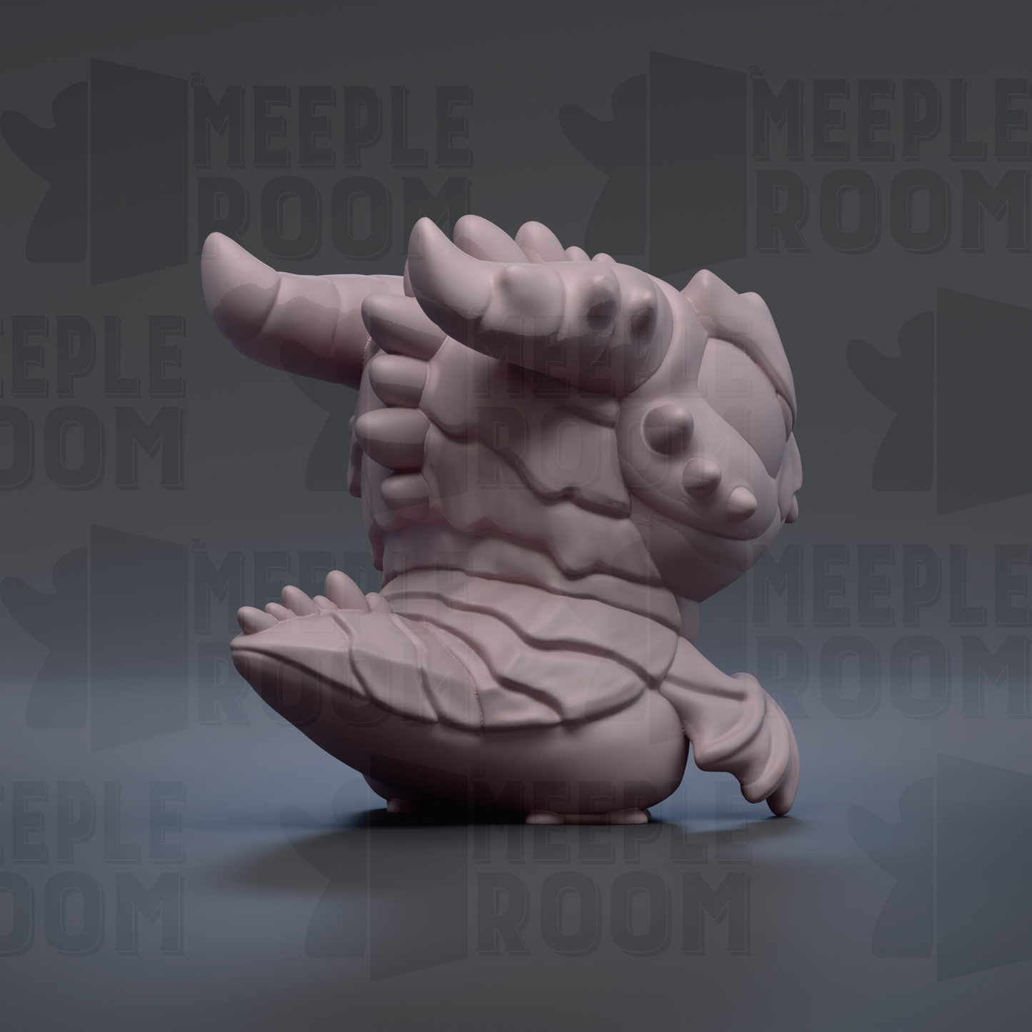 A 3D rendering of a stylized, abstract creature with a large head and curved body, resembling a dragon or serpent.