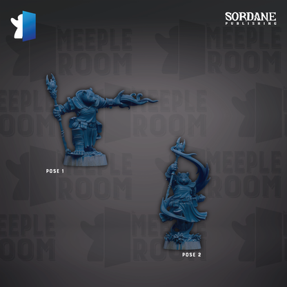 two blue figurines, each with a unique pose, set against a dark background with repeated text.